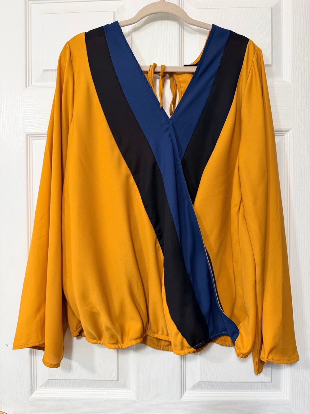 Ashley Stewart Mustard Blouse with Blue and Black V-Trim NWT